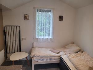 a bedroom with two twin beds and a window at Thingvellir Lake Cottage in Veiðilundur