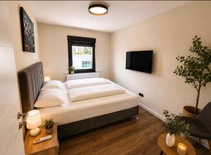 a bedroom with a large bed and a tv at Apartmani Sjenjak Prestige in Tuzla