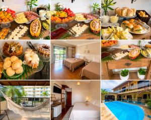 a collage of pictures with food and a pool at Pousada Casa Da Praia in Florianópolis