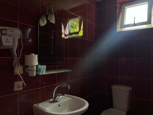 a bathroom with a sink and a toilet and a window at Hotel Lika in Batumi