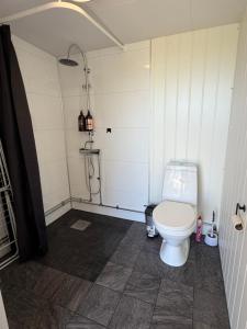 a bathroom with a white toilet in a room at Möllergårdens Stugor in Ängelholm