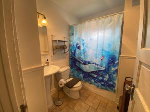a bathroom with a toilet and a shower curtain at Golden Hill 1 bedrooms in San Diego +35 photos