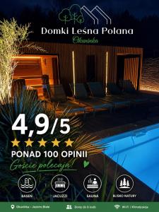 a poster for a pong optimal pool party at night at Leśna Polana Domki in Okuninka