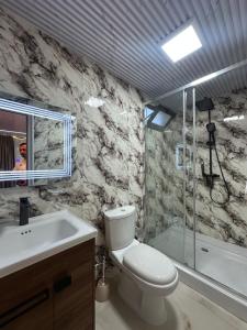 a bathroom with a toilet and a sink and a shower at Sidi's GuestHouse in Borsh +61 photos