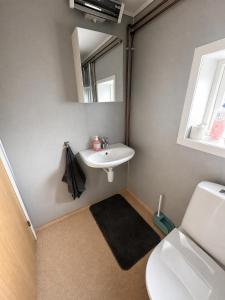 a bathroom with a sink and a toilet and a mirror at Turifoss Camping Tent pitch in Svedjan