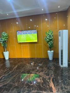 a room with two potted plants and a tv on the wall at Goldstep Hotel Effurun in Warri