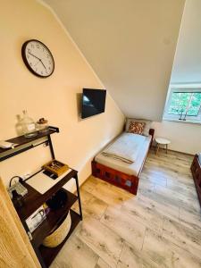 a living room with a couch and a clock on the wall at Ubytování U Špíšků in Jaroslavice