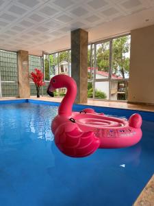 a red inflatable swan in a swimming pool at Golden Fleece Hotel in Ureki