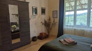a bedroom with a mirror and a bed and a window at Guest house in Ipnari