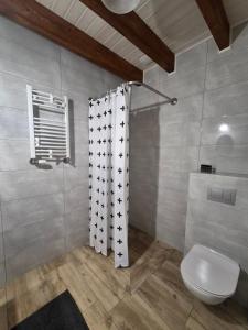 a bathroom with a toilet and a shower curtain at Domek całoroczny Nad Stawem in Powidz +13 photos