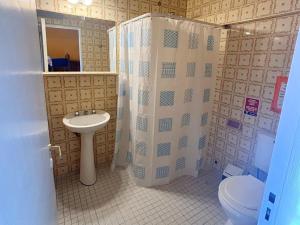 a bathroom with a toilet and a shower and a sink at Hostel Inn Bariloche in San Carlos de Bariloche