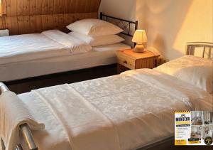 a bedroom with two beds and a lamp on a table at Harzer Monteurs-Lounge Domschatz-Nähe in Halberstadt