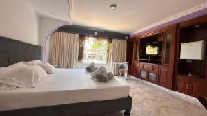 a bedroom with a large bed and a flat screen tv at Hotel Casa Sharon in Cali