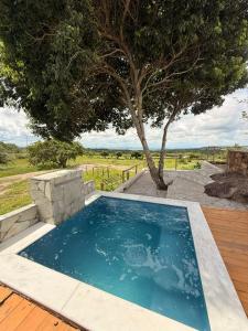 a swimming pool on a wooden deck with a tree at Pérola Cabana in Serra de São Bento