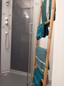 a ladder towel rack in a bathroom with a shower at 36 Baltazia, 2 Ch 2 Pers-Clim jardin terrasse à Sainte-Anne in Sainte-Anne +20 photos
