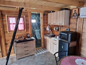 a small kitchen with a stove and a refrigerator at Brvnara Mia in Rudnik +3 photos