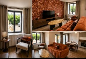 two pictures of a living room with a couch and a table at "Chez mémé" in Locquirec