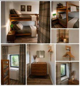 four different pictures of a bedroom with bunk beds at "Chez mémé" in Locquirec