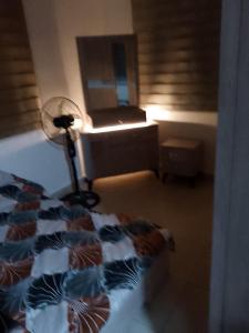 a bedroom with a bed and a desk with a fan at شقة 24 in Irbid