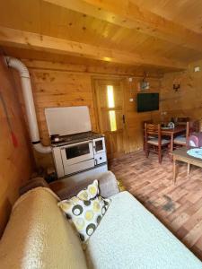 a living room with a couch and a stove at Planinska Koliba Mo in Katun Božički