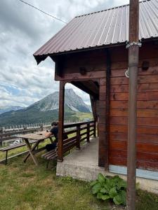 a woman sitting at a picnic table in a wooden building at Planinska Koliba Mo in Katun Božički