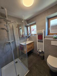 a bathroom with a shower and a sink and a toilet at Orterhof in Obertilliach +57 photos
