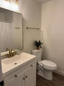 a bathroom with a toilet and a sink and a mirror at Charming Room in Martinez in Martinez