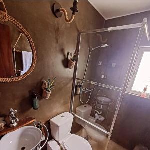 a bathroom with a shower and a toilet and a sink at Casa do Tempo Espinhoso in Vinhais +33 photos