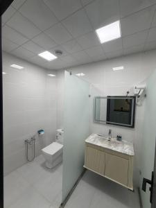 a bathroom with a toilet and a sink and a mirror at Panorama 7 day's in Hacıselli