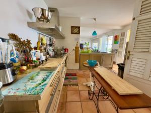 a kitchen with a wooden counter top in a room at VILLA PASKEDRA in Case-Pilote