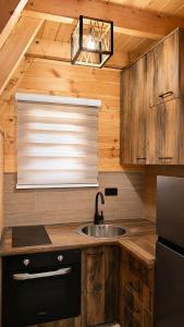 a kitchen with a sink and a window in a cabin at Guest House Zabljak in Žabljak