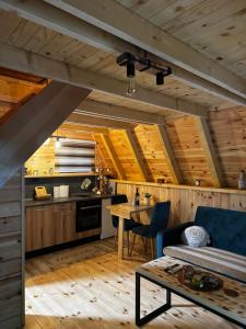 a kitchen and living room in a log cabin at Villa Komarnica Hideaway in Šavnik