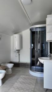 a bathroom with a glass shower and two toilets at Оксана та Назар in Mykulychyn