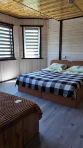 a bedroom with two beds and two windows at Оксана та Назар in Mykulychyn