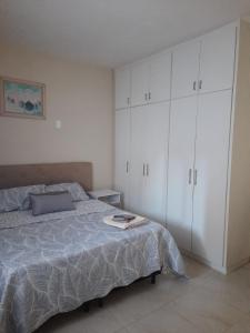 a bedroom with a bed and white cabinets at Machado Monteiro in Guarapari