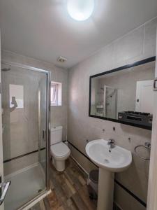 a bathroom with a toilet and a sink and a shower at Standard Double Room with Shared Bathroom in London