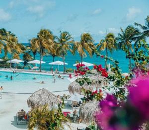 a beach with palm trees and people in a pool at Appartement Rêve Clair in Le Diamant
