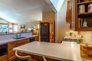 a kitchen with a sink and a refrigerator at Gore Creek Alpine Chalet in Vail +26 photos