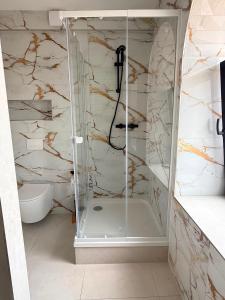 a glass shower in a bathroom with a toilet at H&R Suite - Bielefeld Central in Bielefeld