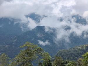 a mountain shrouded in clouds with a town on top at Margaret's Himalayan Nest in Kalimpong