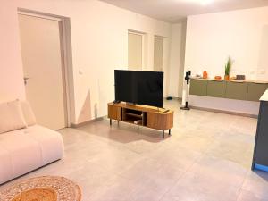 a living room with a flat screen tv on a table at Villa Aloa Private pool in Les Abymes