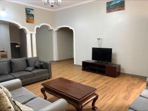 a living room with a couch and a tv at COMFORT ZONE Lodge Kigoma in Kigoma
