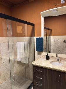 a bathroom with a shower and a sink at Éden jardim in Guarapuava