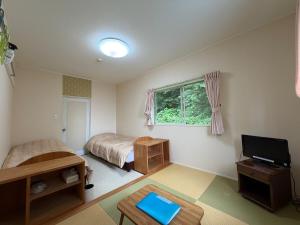 a bedroom with two beds and a television in it at Villa Knossos in Higashiizu