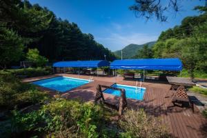a swimming pool with a blue umbrella and a deck at Gapyeong Solgogae Pension in Gapyeong