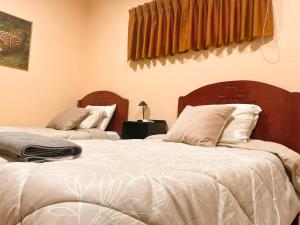 a bedroom with two twin beds and a window at Casa del Jaguar in Iquitos