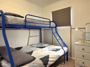 a bedroom with two bunk beds and a lamp at Jack's Shack in Pine Point