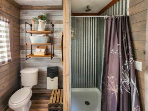 a bathroom with a toilet and a shower at Live Simply Cabin, Walking distance to East Zion trails in Orderville