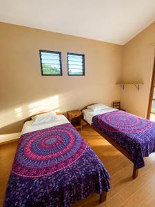 two beds in a room with two windows at Refugio Amazónico in San Martín