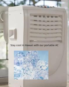 a white air conditioner with a picture of snow at Wake Up to the Ocean - Beachfront Studio in Hauula